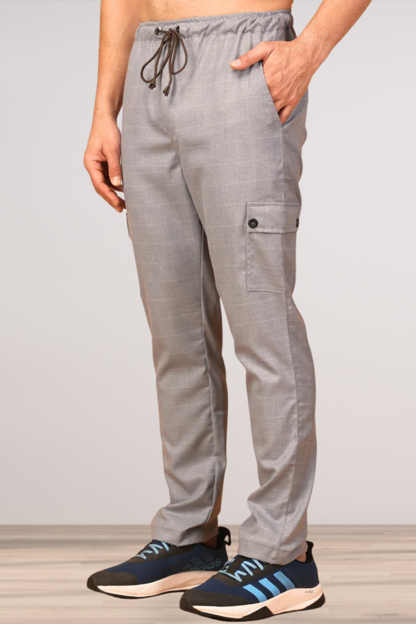 Silver Grey Checked Stretchable Cargo- 4 Pocket