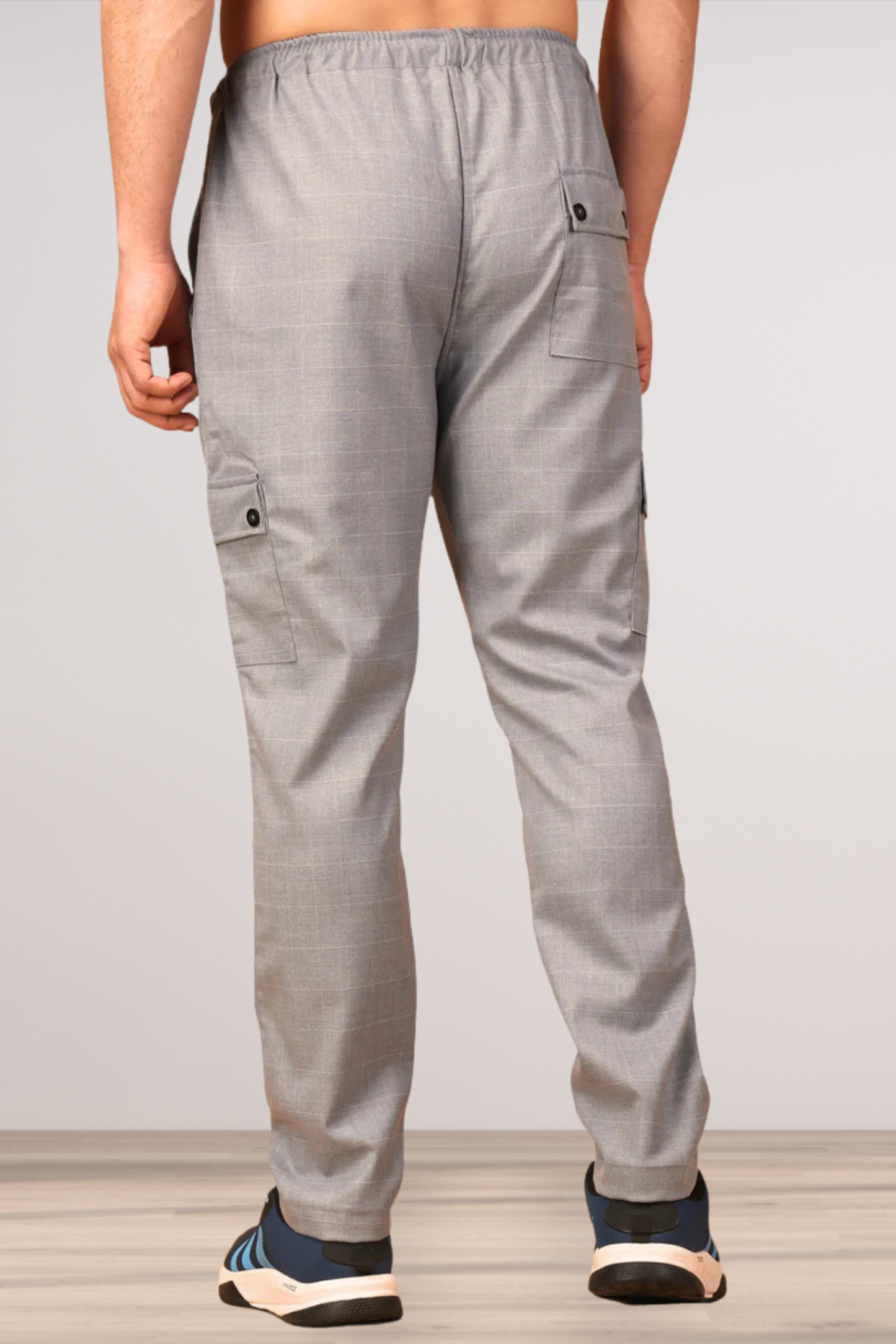 Silver Grey Checked Stretchable Cargo- 4 Pocket