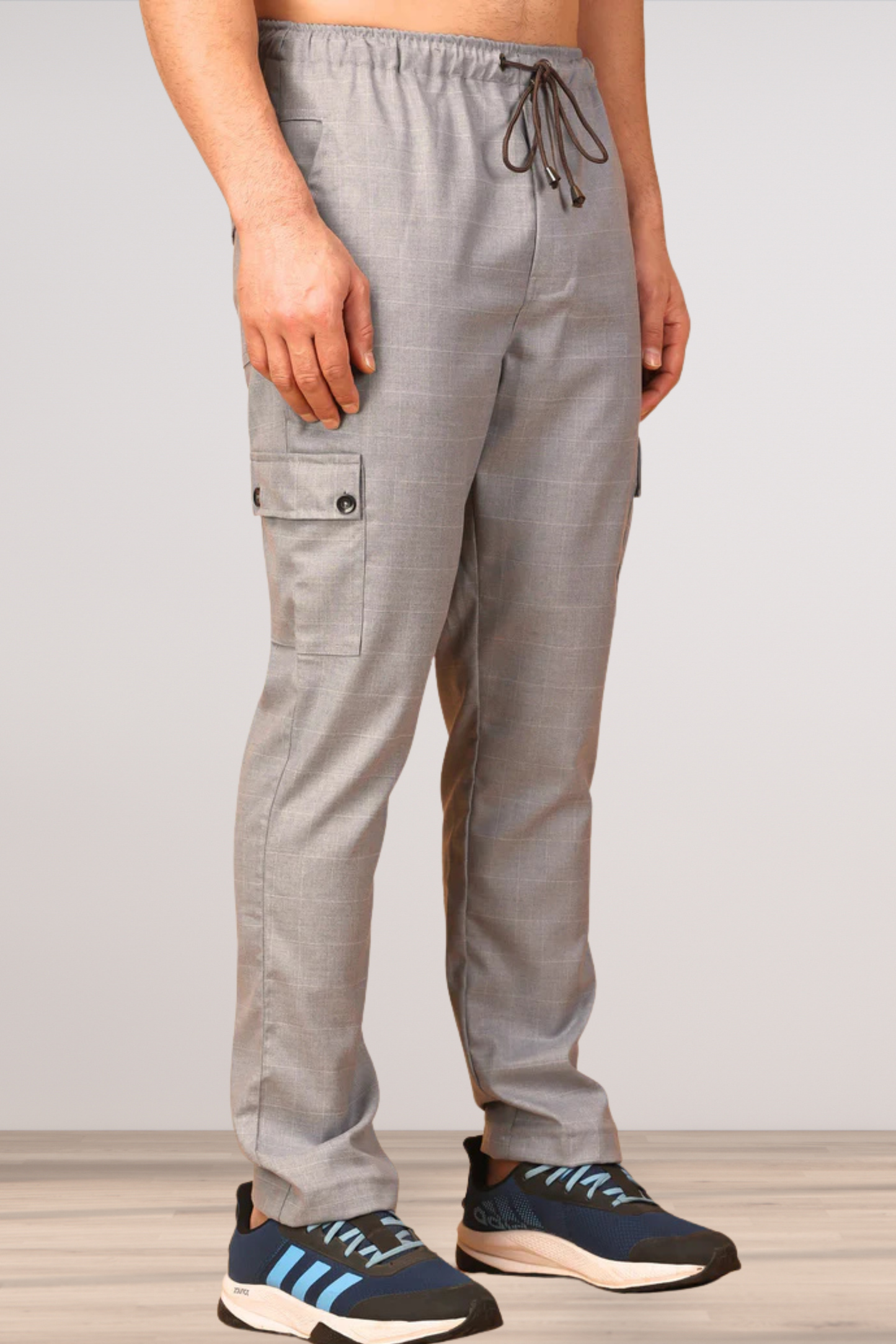 Silver Grey Checked Stretchable Cargo- 4 Pocket