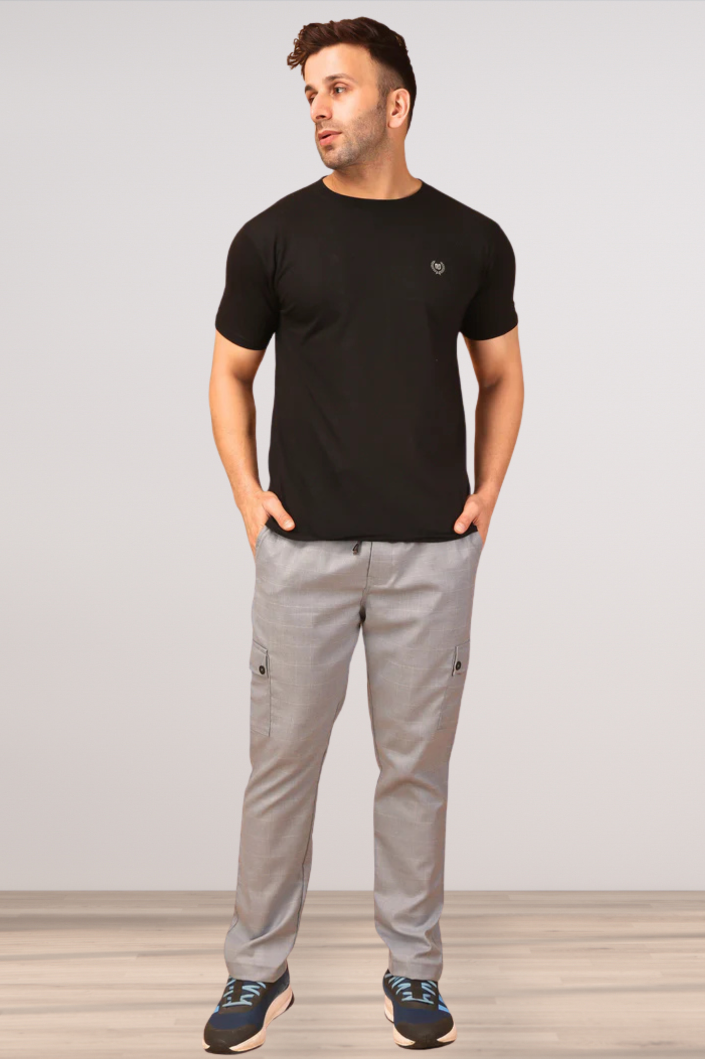 Silver Grey Checked Stretchable Cargo- 4 Pocket