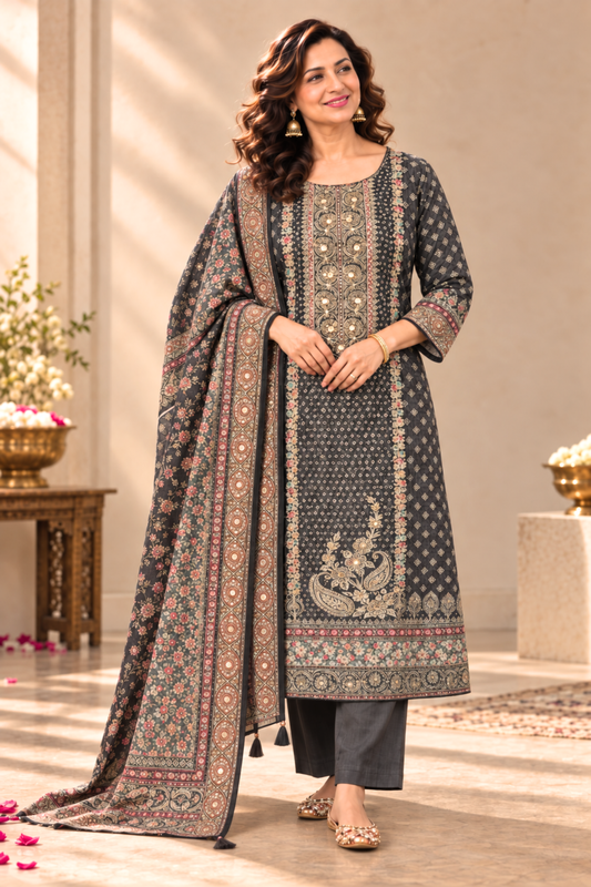 Siyah Karachi Muslin Suit With Mirror Work