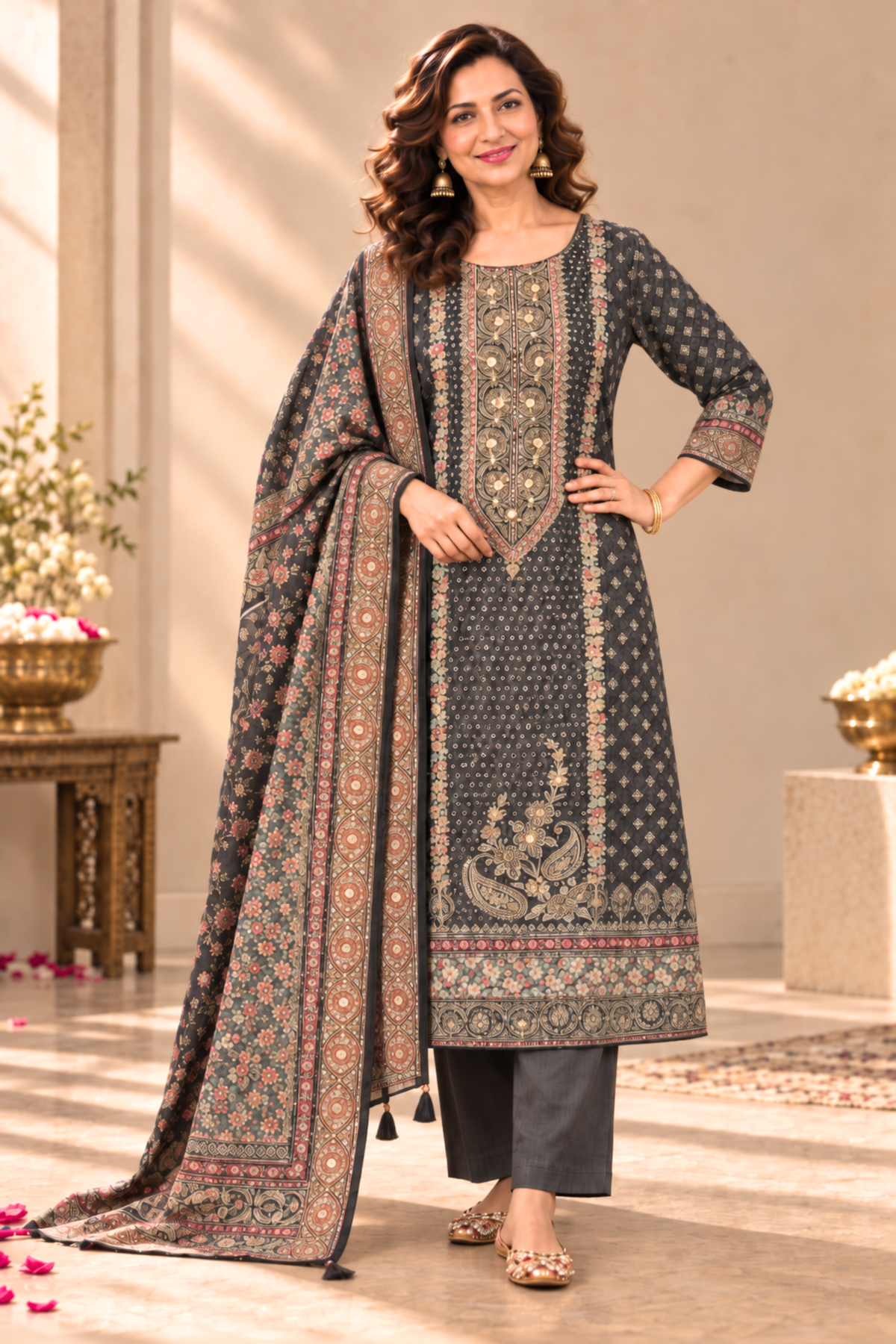 Siyah Karachi Muslin Suit With Mirror Work