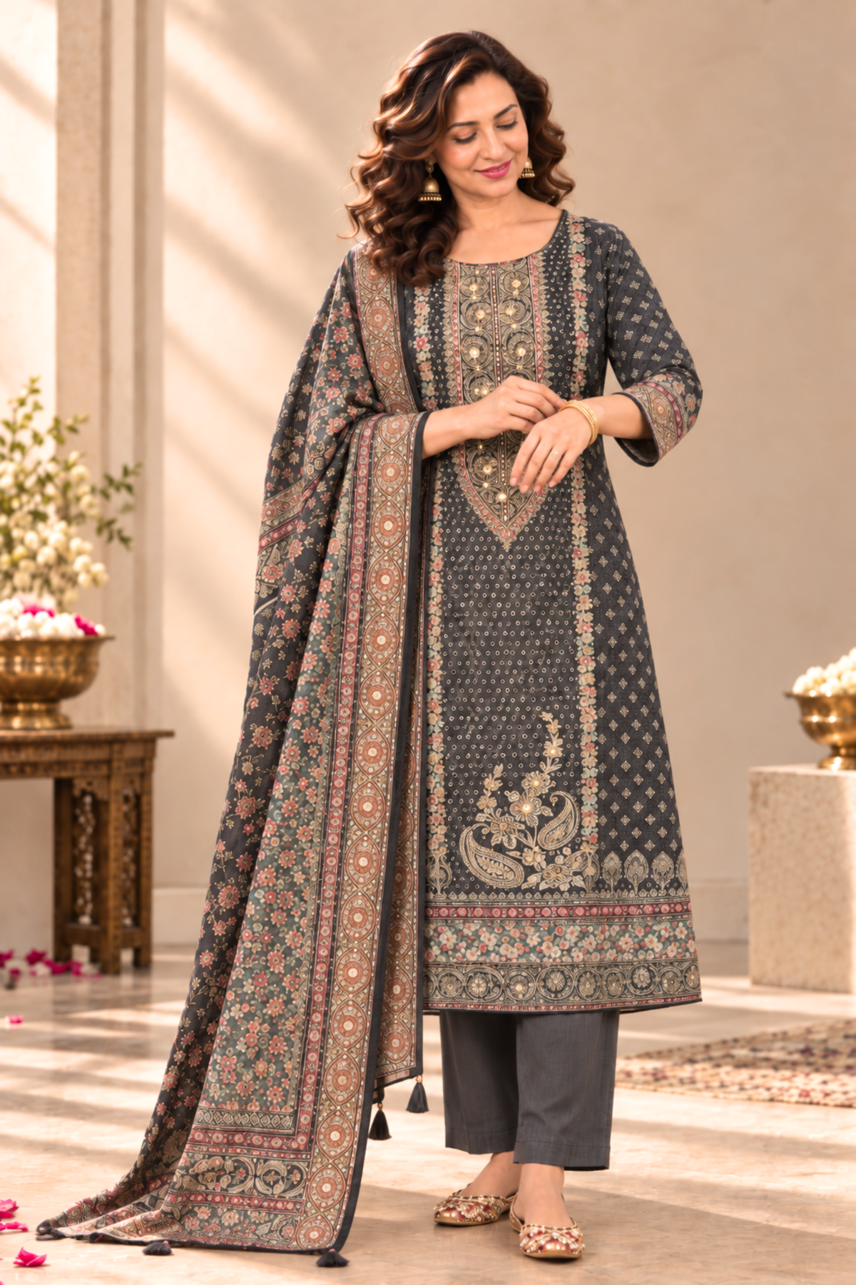 Siyah Karachi Muslin Suit With Mirror Work