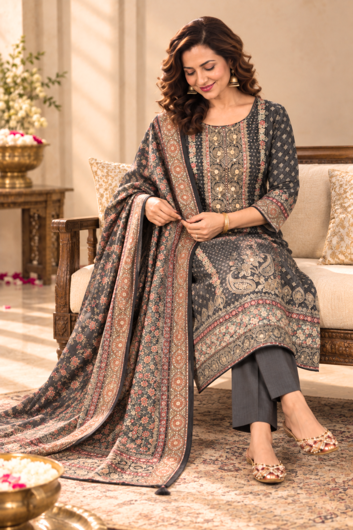 Siyah Karachi Muslin Suit With Mirror Work