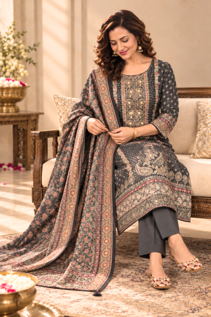Siyah Karachi Muslin Suit With Mirror Work