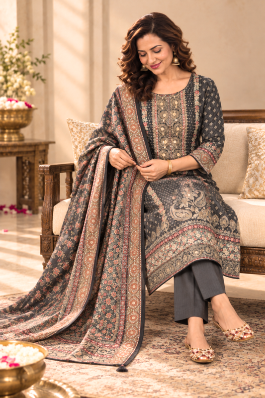 Siyah Karachi Muslin Suit With Mirror Work