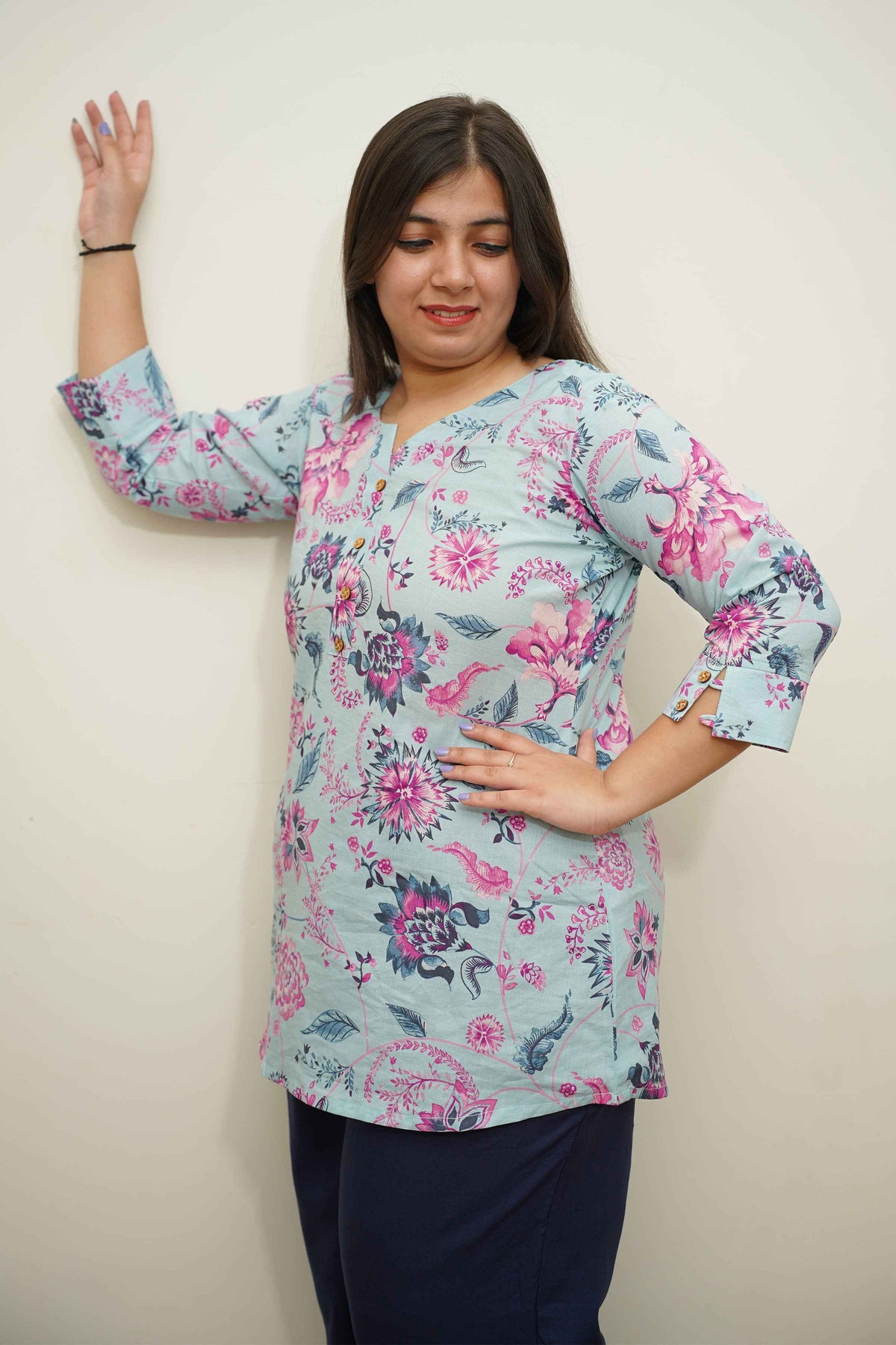 Sky Floral Printed Cotton Kurta