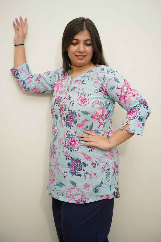 Sky Floral Printed Cotton Kurta