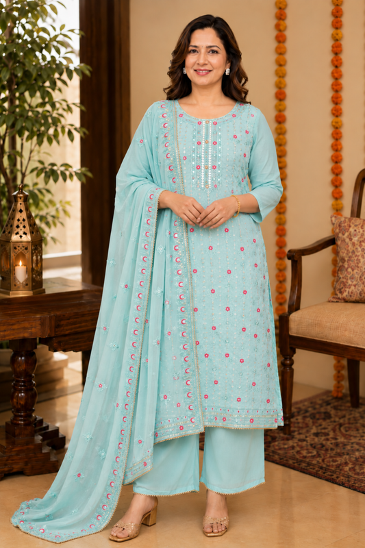 Sky Sequin Organza Suit Set