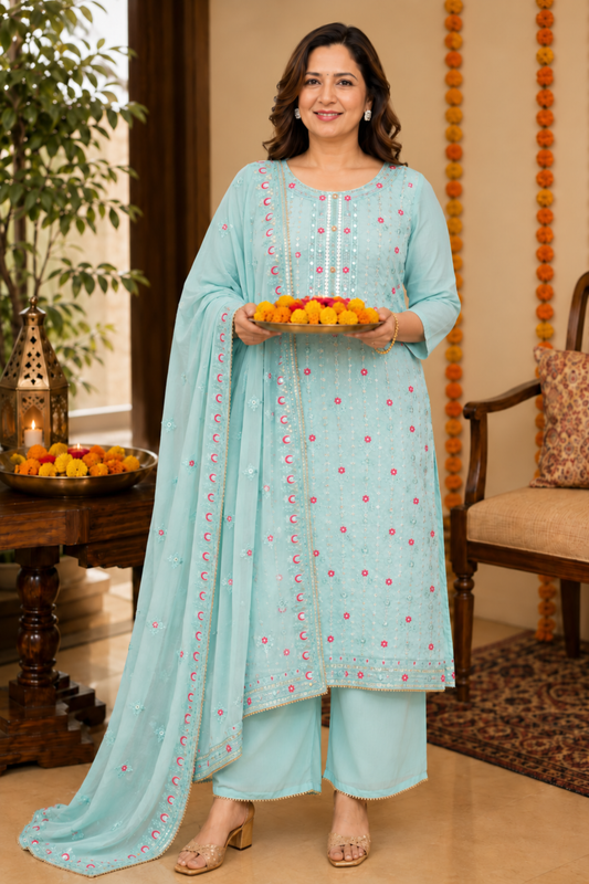 Sky Sequin Organza Suit Set