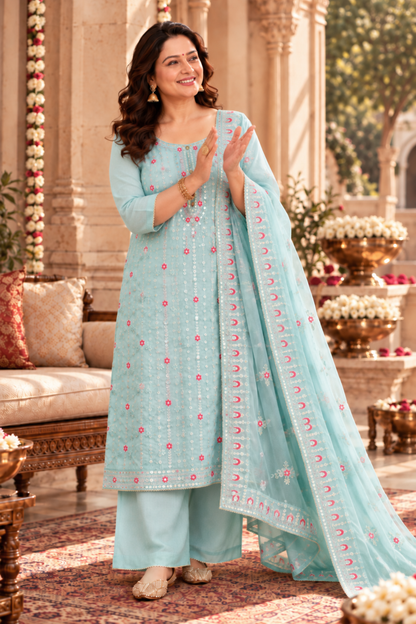 Sky Sequin Organza Suit Set