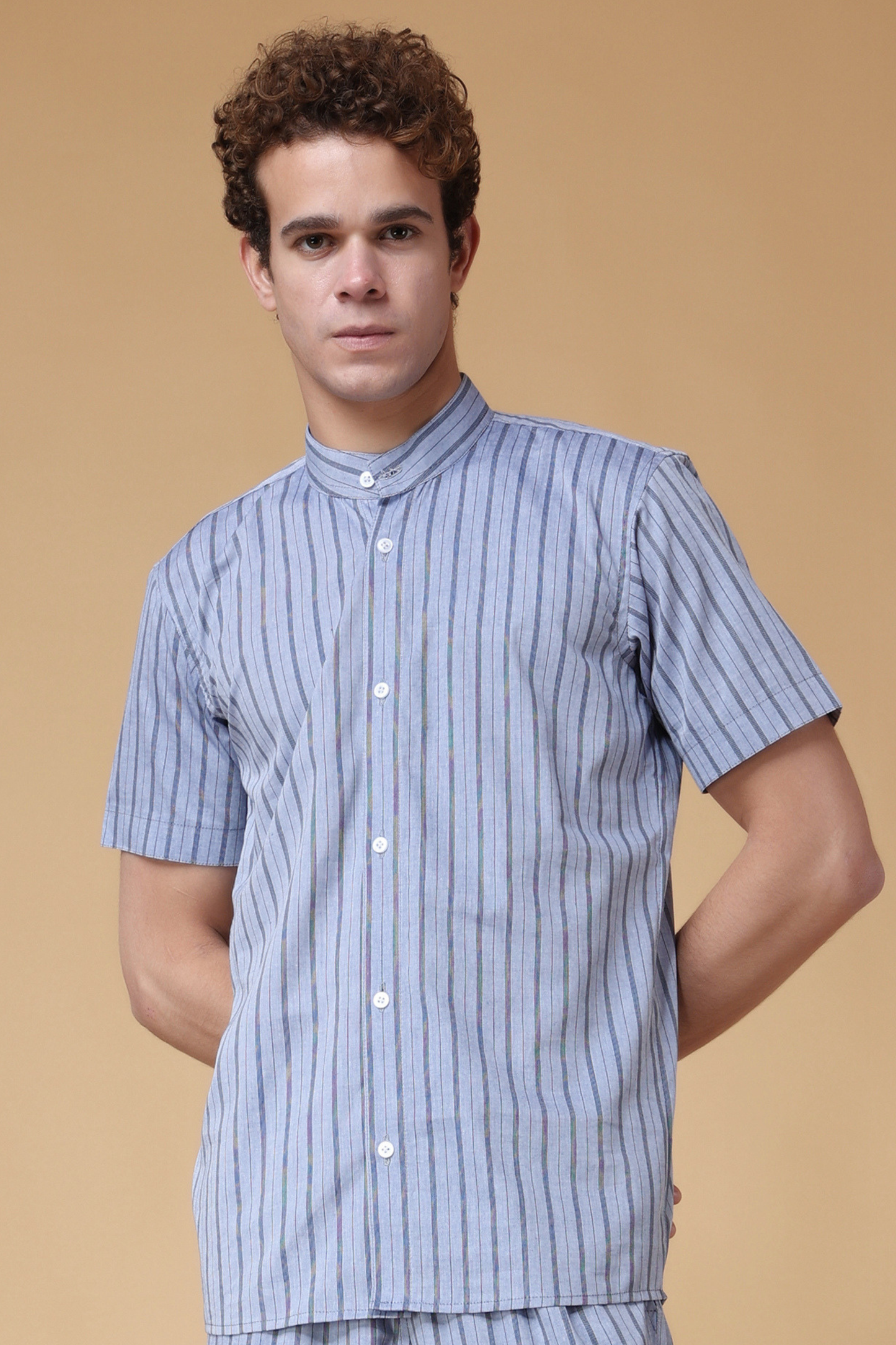 Skyline Stripe Cotton Mandarin Shirt