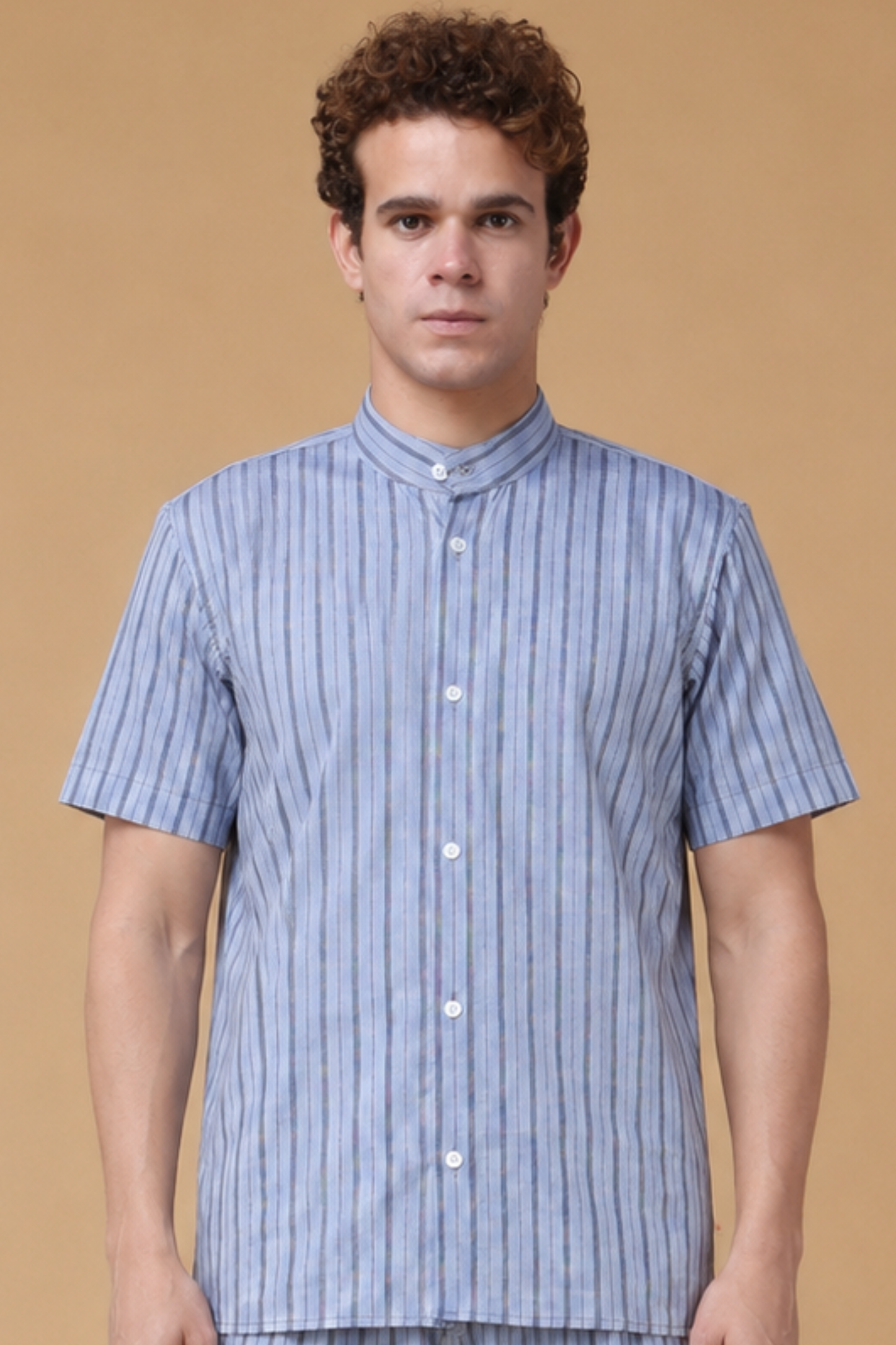 Skyline Stripe Cotton Mandarin Shirt
