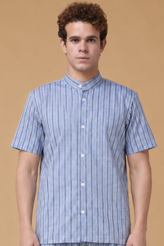 Skyline Stripe Cotton Mandarin Shirt