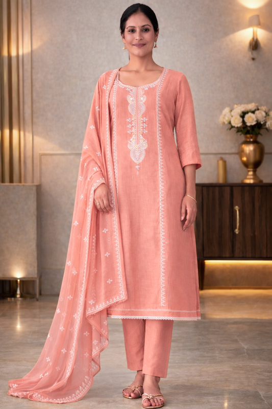 Soft Peach Embroidered Mul Cotton Suit