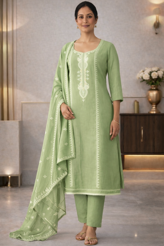 Soft Pista Embroidered Mul Cotton Suit