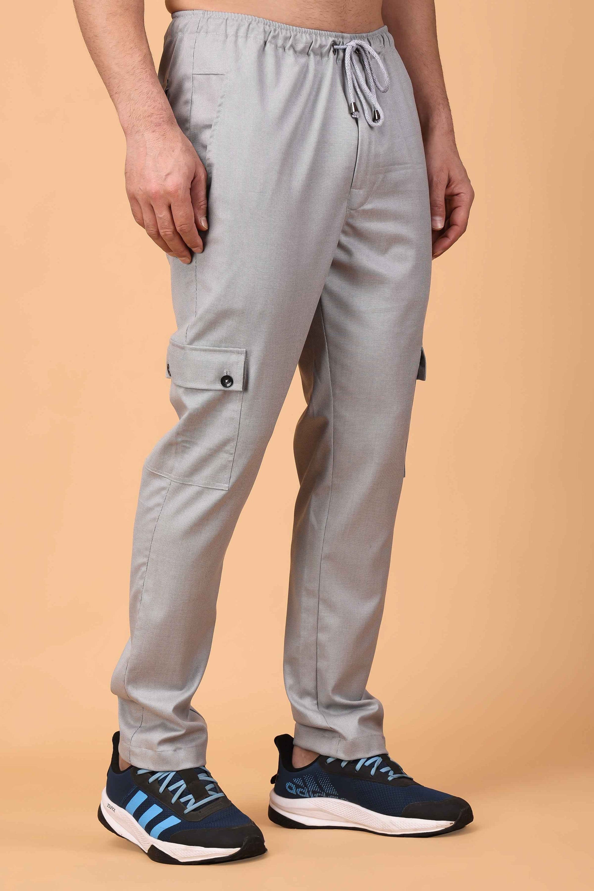 Buy Plus Size ​Solid Grey Textured Stretch Cargo At Apella | Sizes XS to 10 XL | India | Free Delivery | Customized