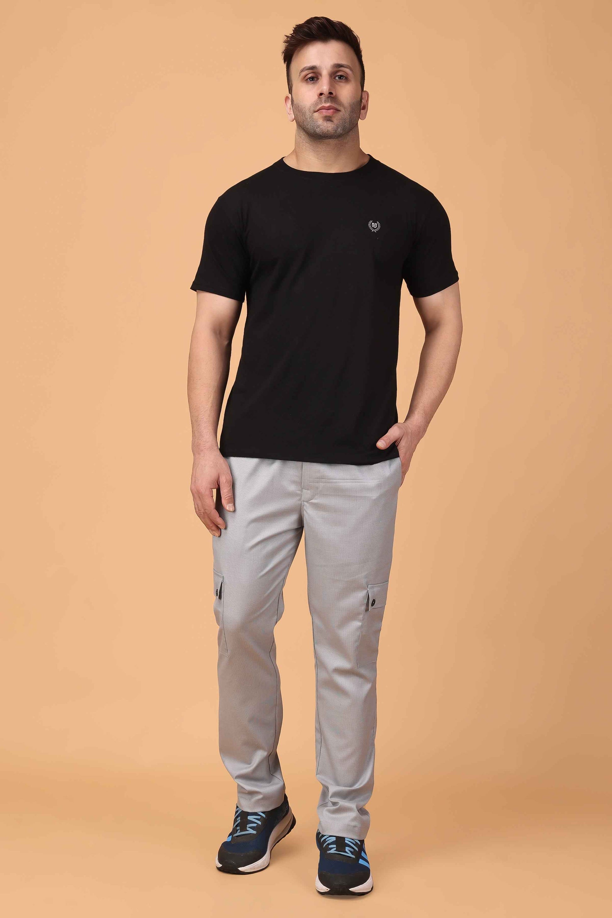 Buy Plus Size ​Solid Grey Textured Stretch Cargo At Apella | Sizes XS to 10 XL | India | Free Delivery | Customized