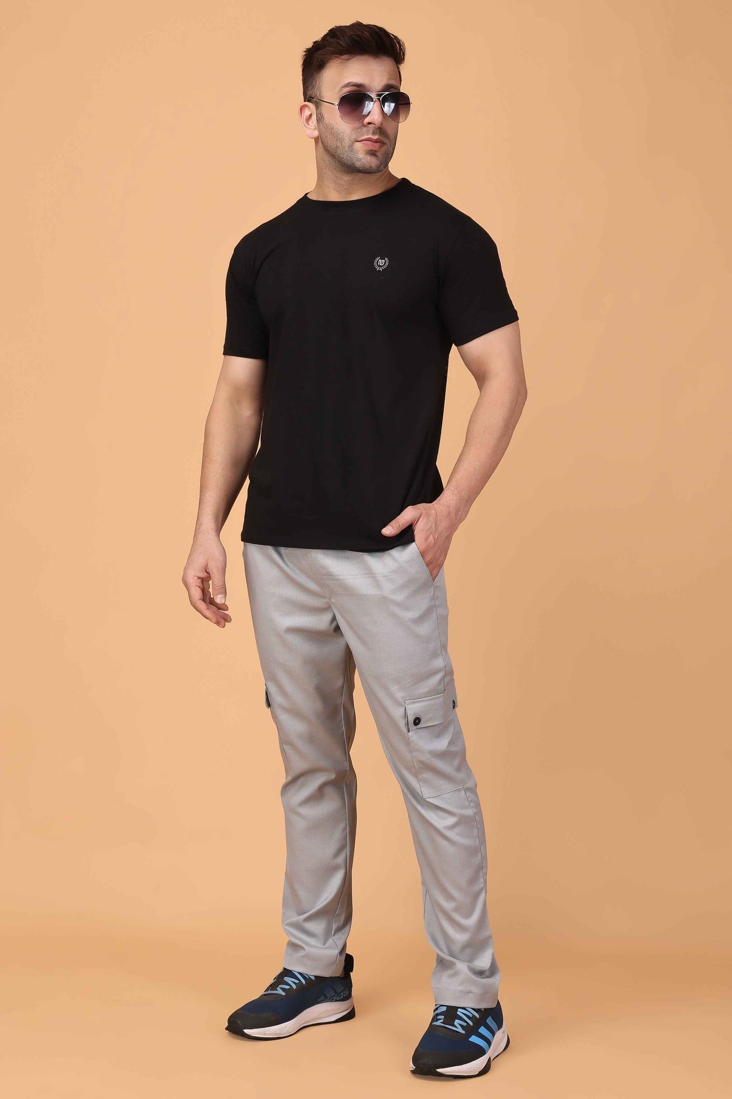 Buy Plus Size ​Solid Grey Textured Stretch Cargo At Apella | Sizes XS to 10 XL | India | Free Delivery | Customized