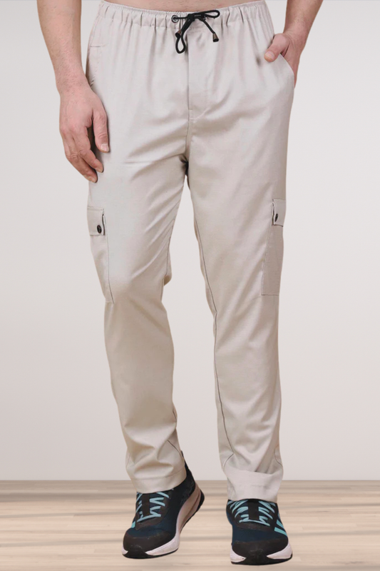 Solid Off White Stretchable Cargo - 4 Pocket
