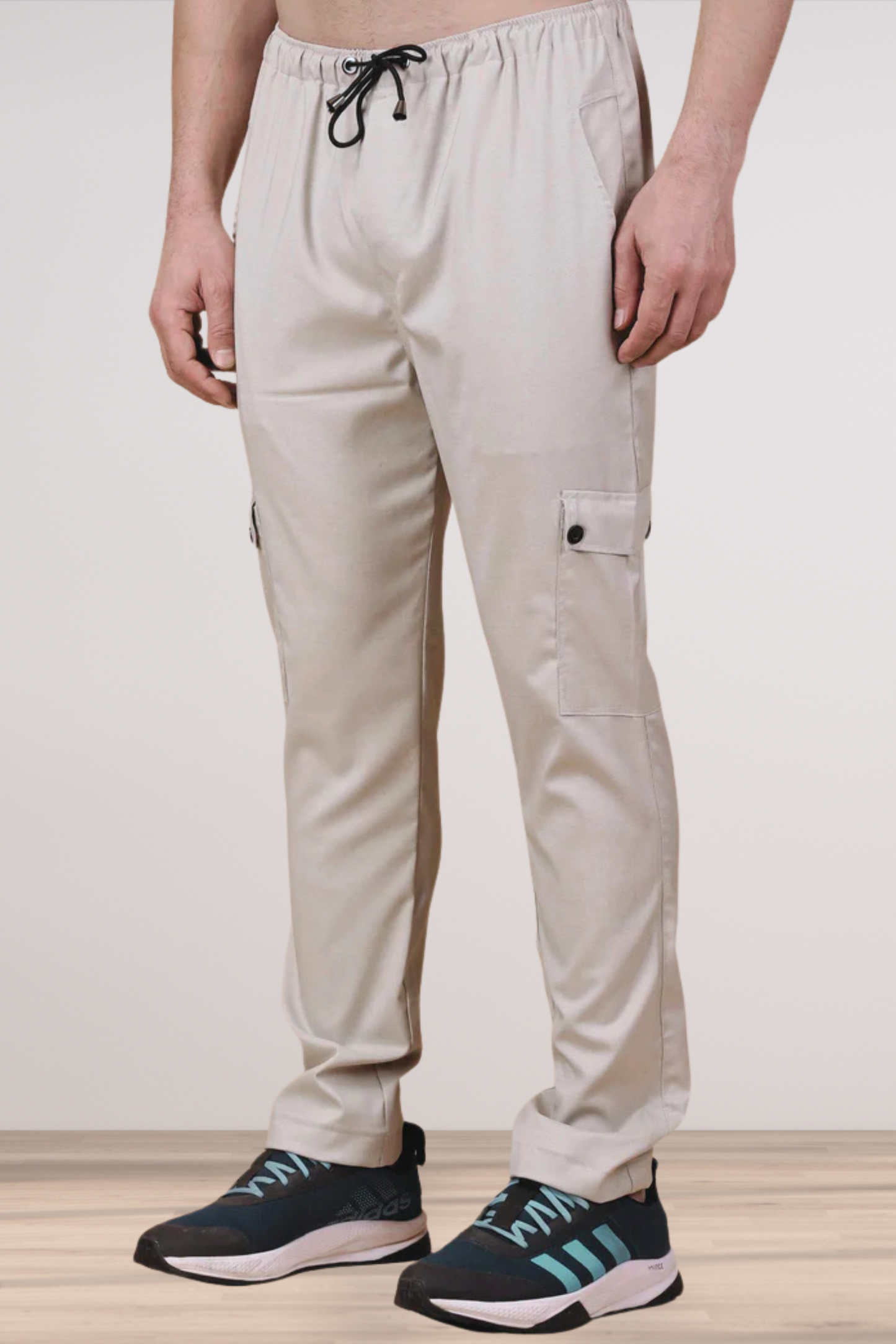 Solid Off White Stretchable Cargo - 4 Pocket