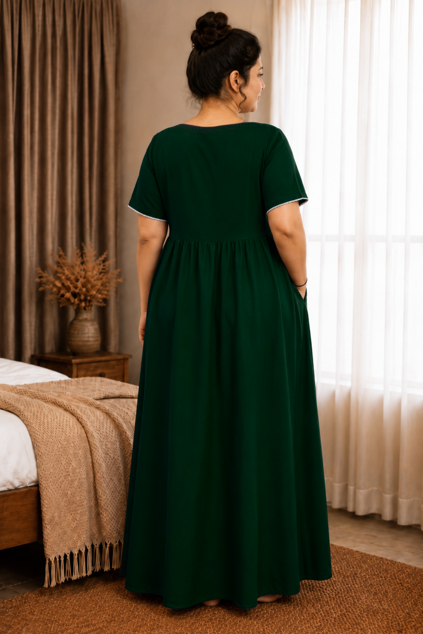 Solid Bottle Green Rayon Night Gown