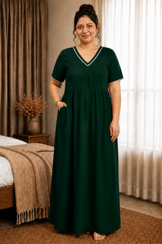 Solid Bottle Green Rayon Night Gown