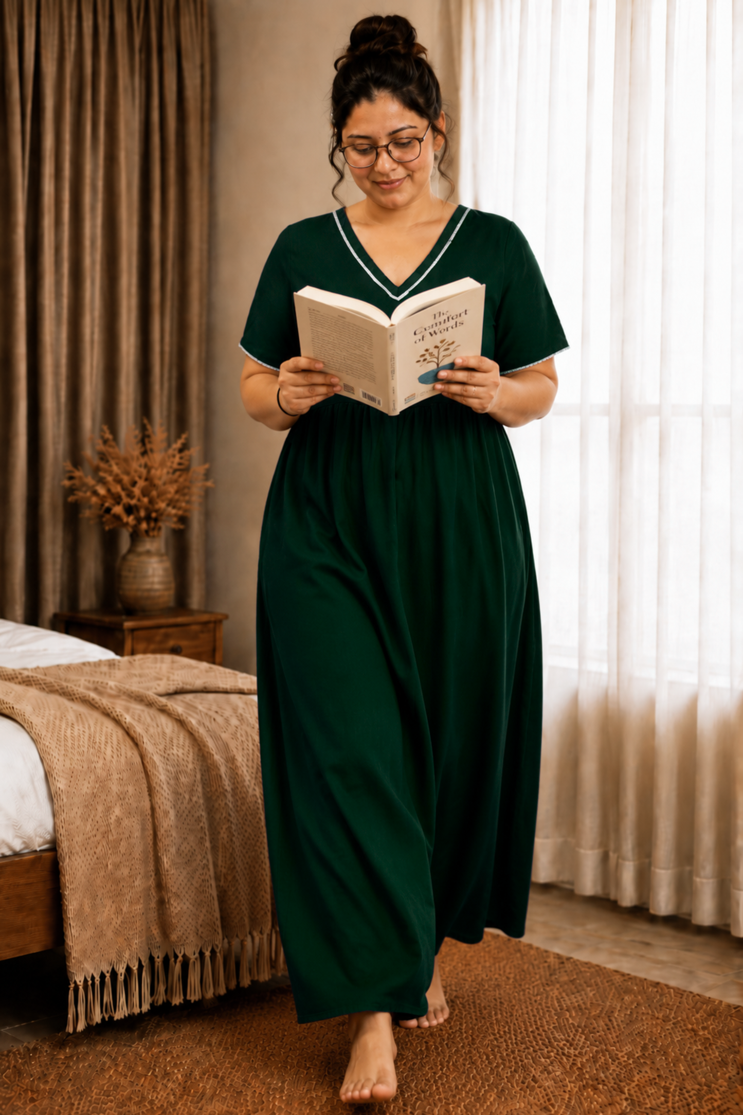 Solid Bottle Green Rayon Night Gown