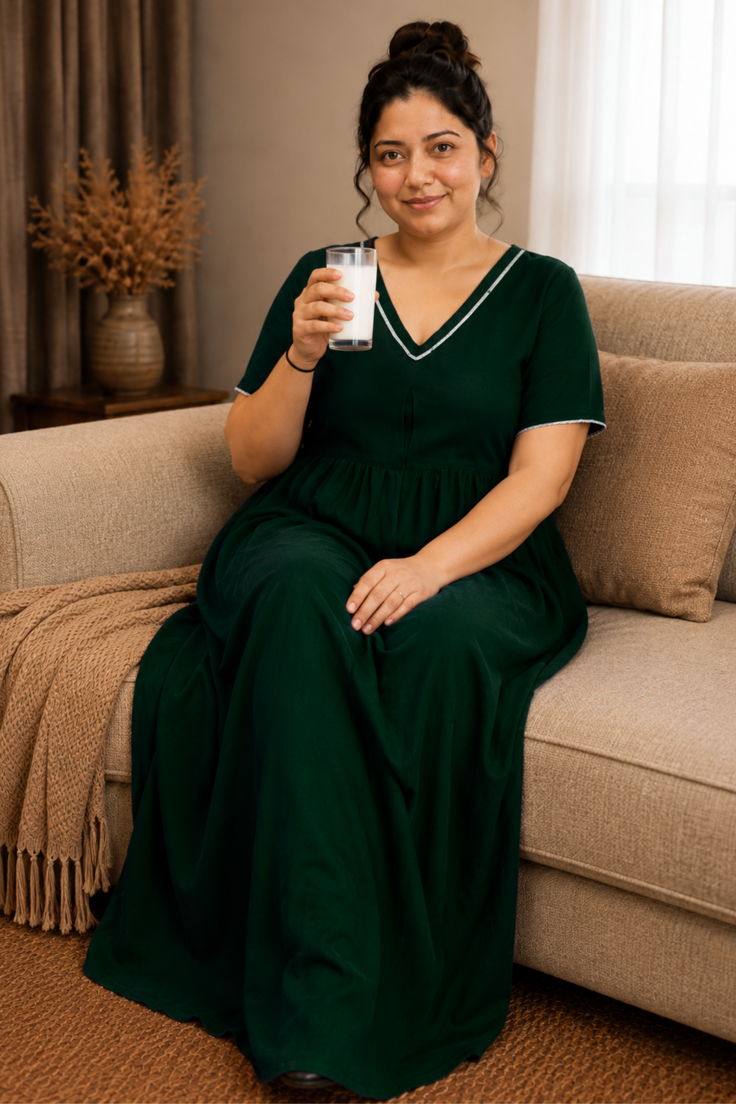 Solid Bottle Green Rayon Night Gown