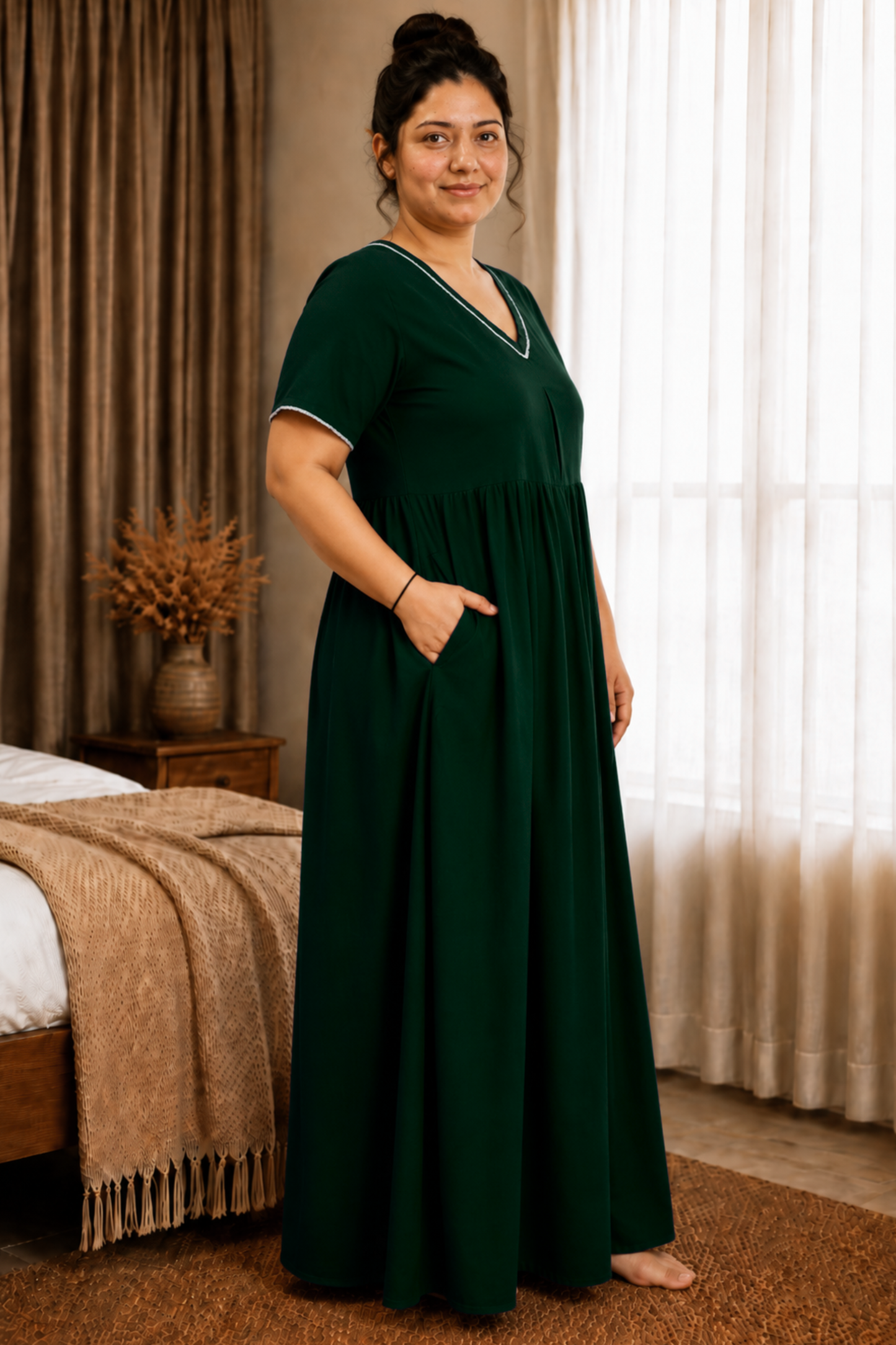 Solid Bottle Green Rayon Night Gown
