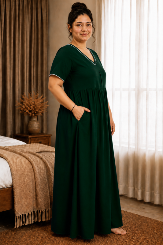 Solid Bottle Green Rayon Night Gown