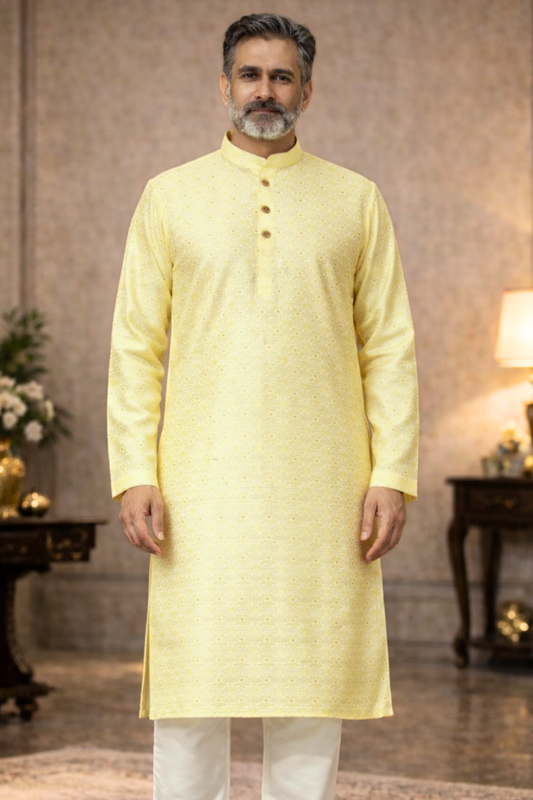Subtle Yellow Jacquard Kurta Pajama