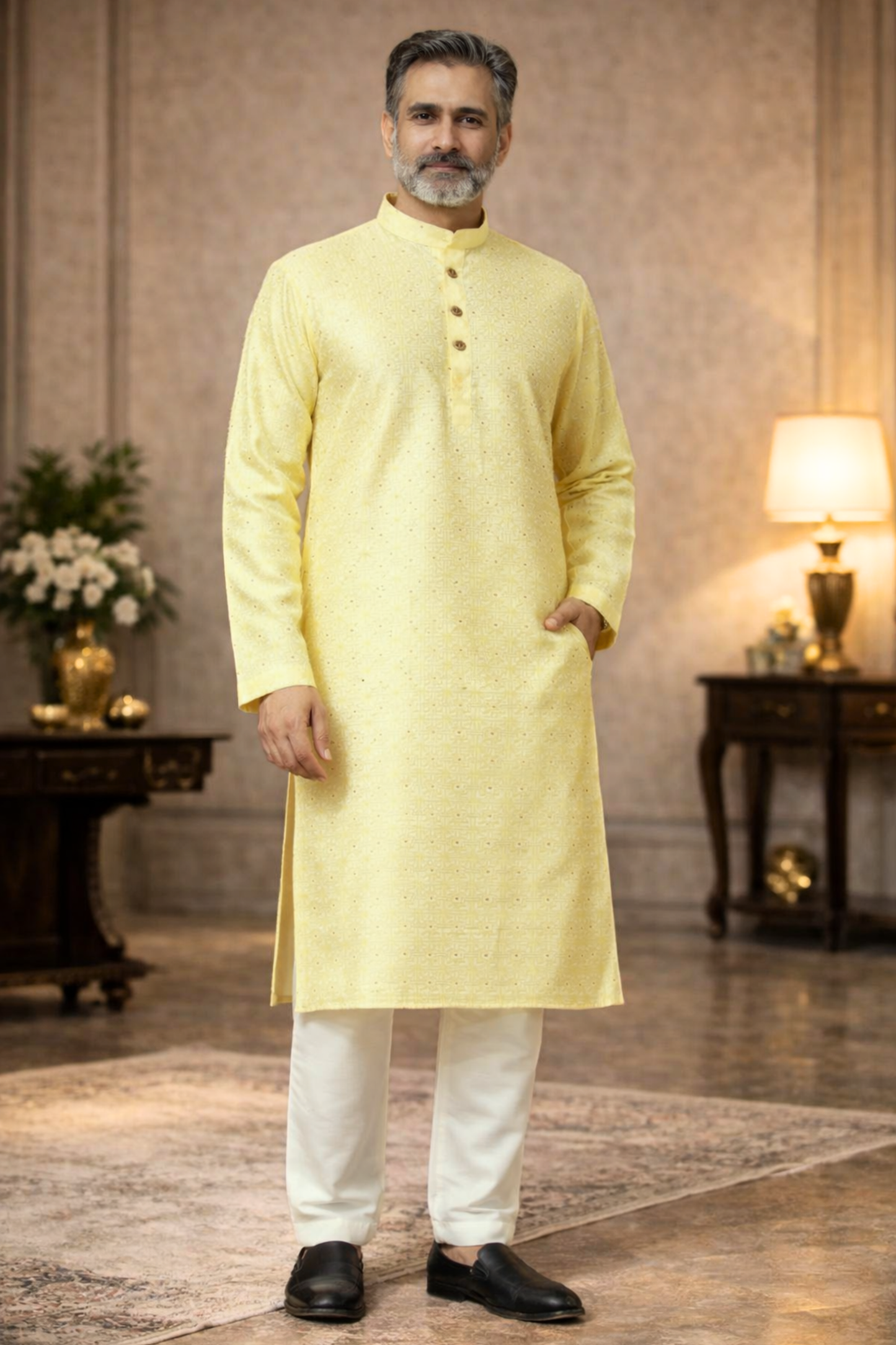 Subtle Yellow Jacquard Kurta Pajama