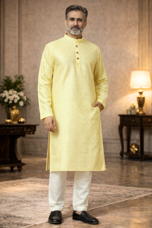 Subtle Yellow Jacquard Kurta Pajama