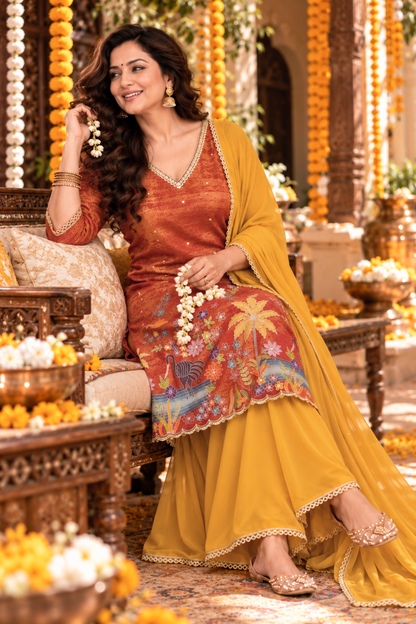 Aarika Tissue Shimmer Sharara Suit with Placement Work