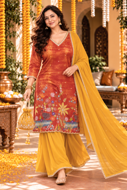 Aarika Tissue Shimmer Sharara Suit with Placement Work