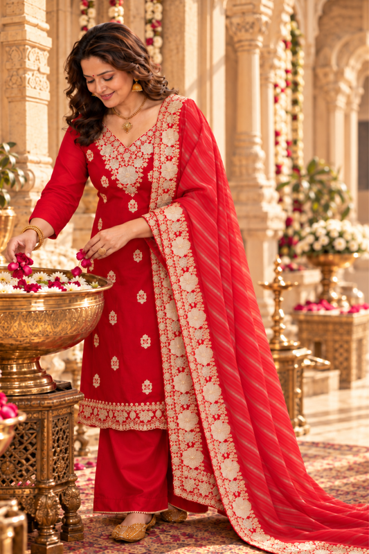 Surkh Laal Suit Set With Zari Embroidery
