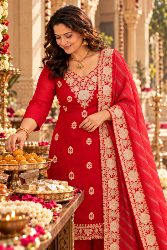 Surkh Laal Suit Set With Zari Embroidery
