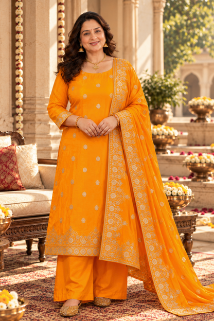 Suvarna Mustard Jacquard Silk Suit