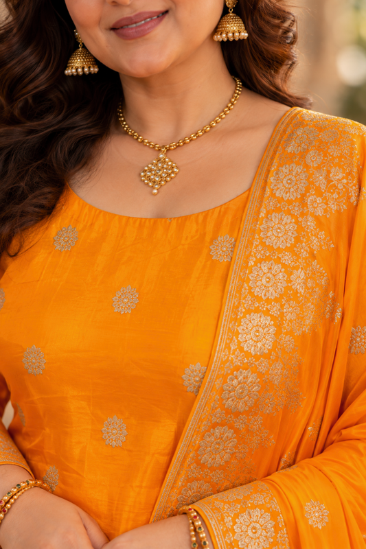Suvarna Mustard Jacquard Silk Suit