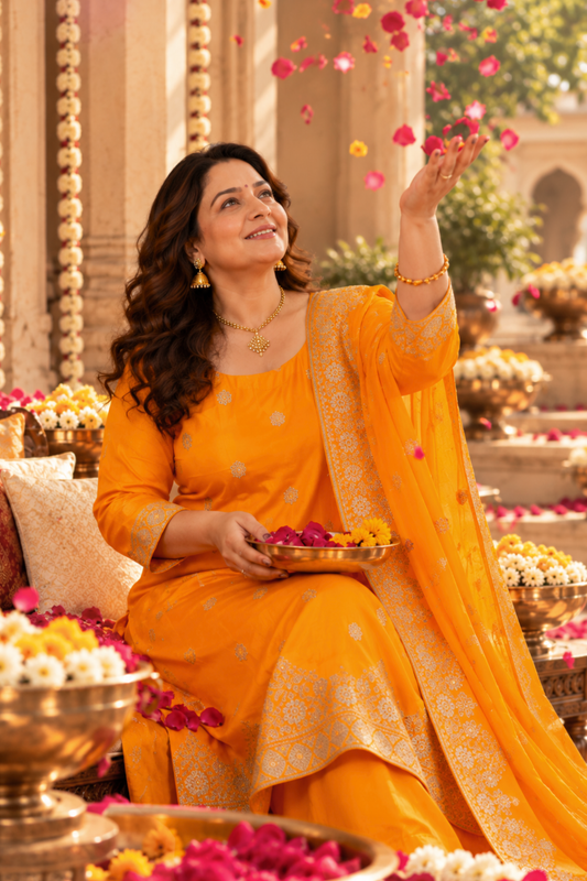 Suvarna Mustard Jacquard Silk Suit