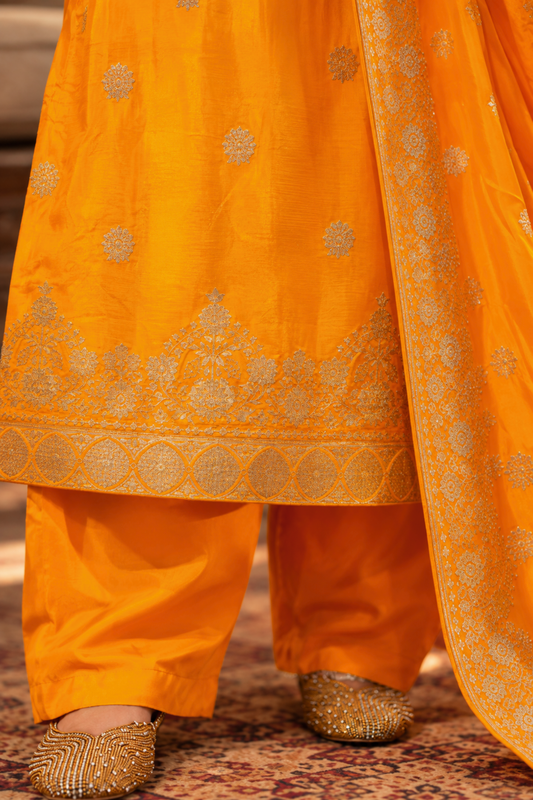Suvarna Mustard Jacquard Silk Suit