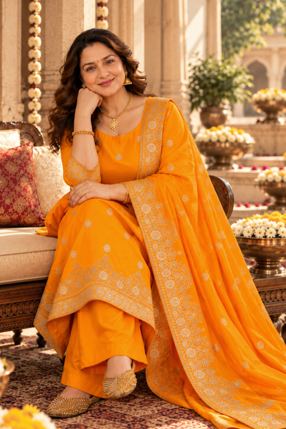 Suvarna Mustard Jacquard Silk Suit