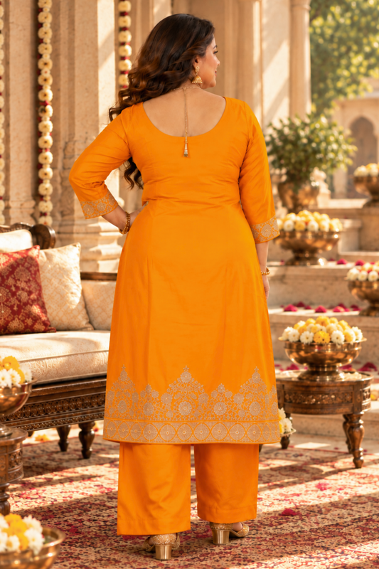 Suvarna Mustard Jacquard Silk Suit