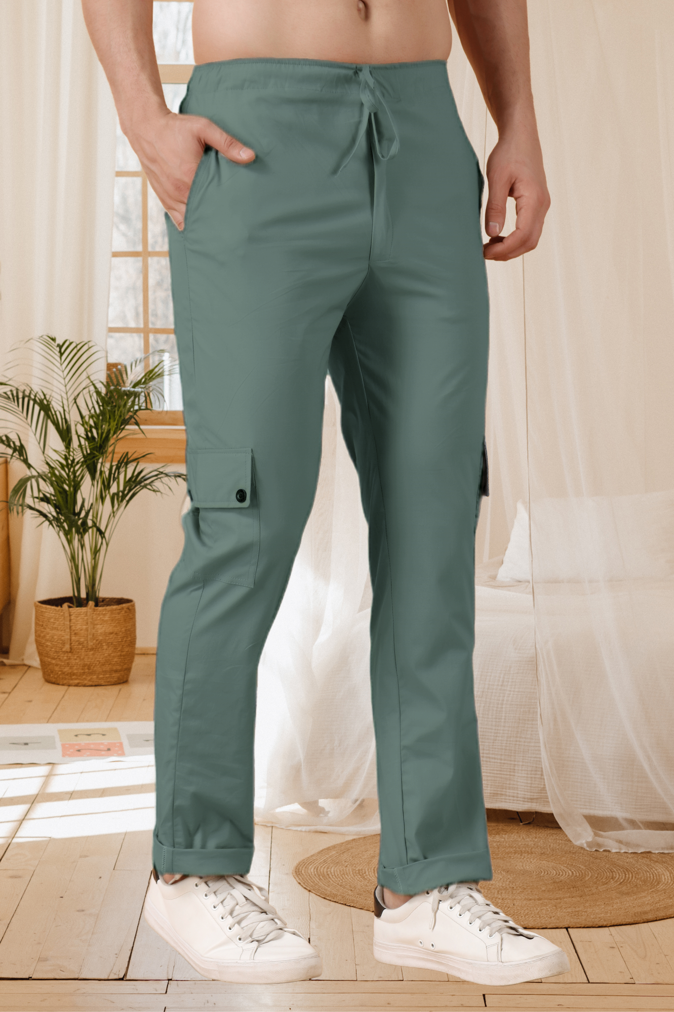 Greyish Green Stretch Cargo Pants