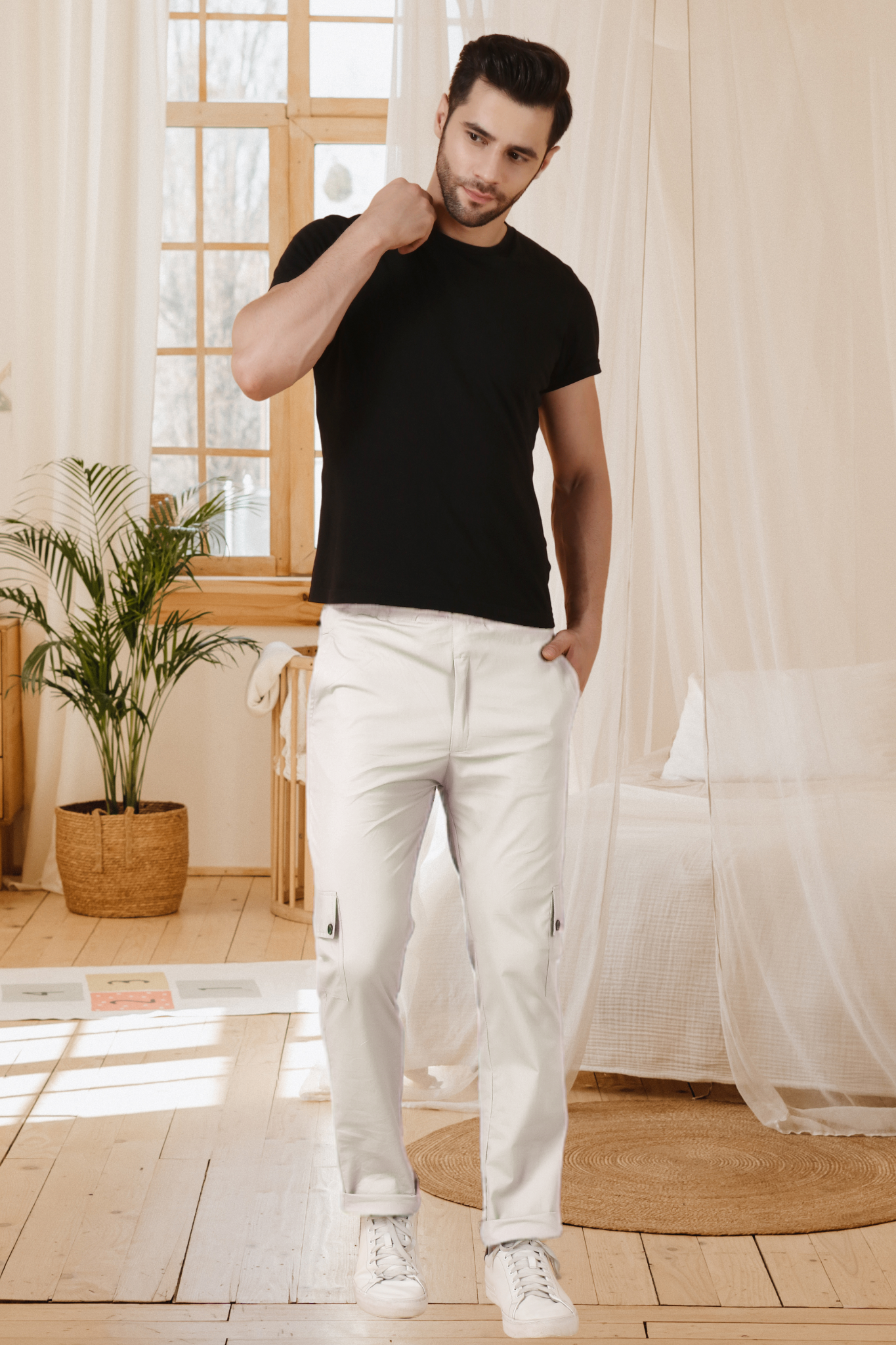 White Solid Cotton Cargo Pants