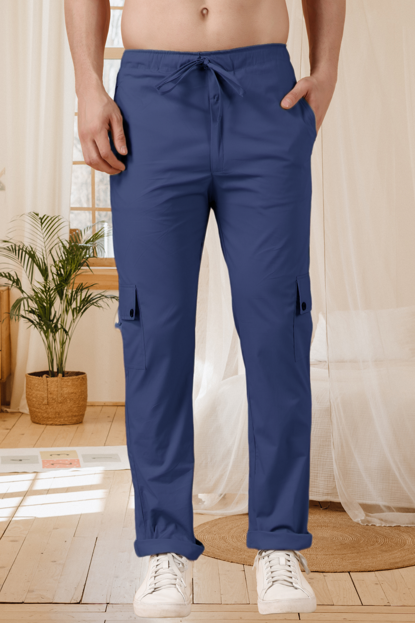 Persian Blue Solid Cotton Cargo Pants