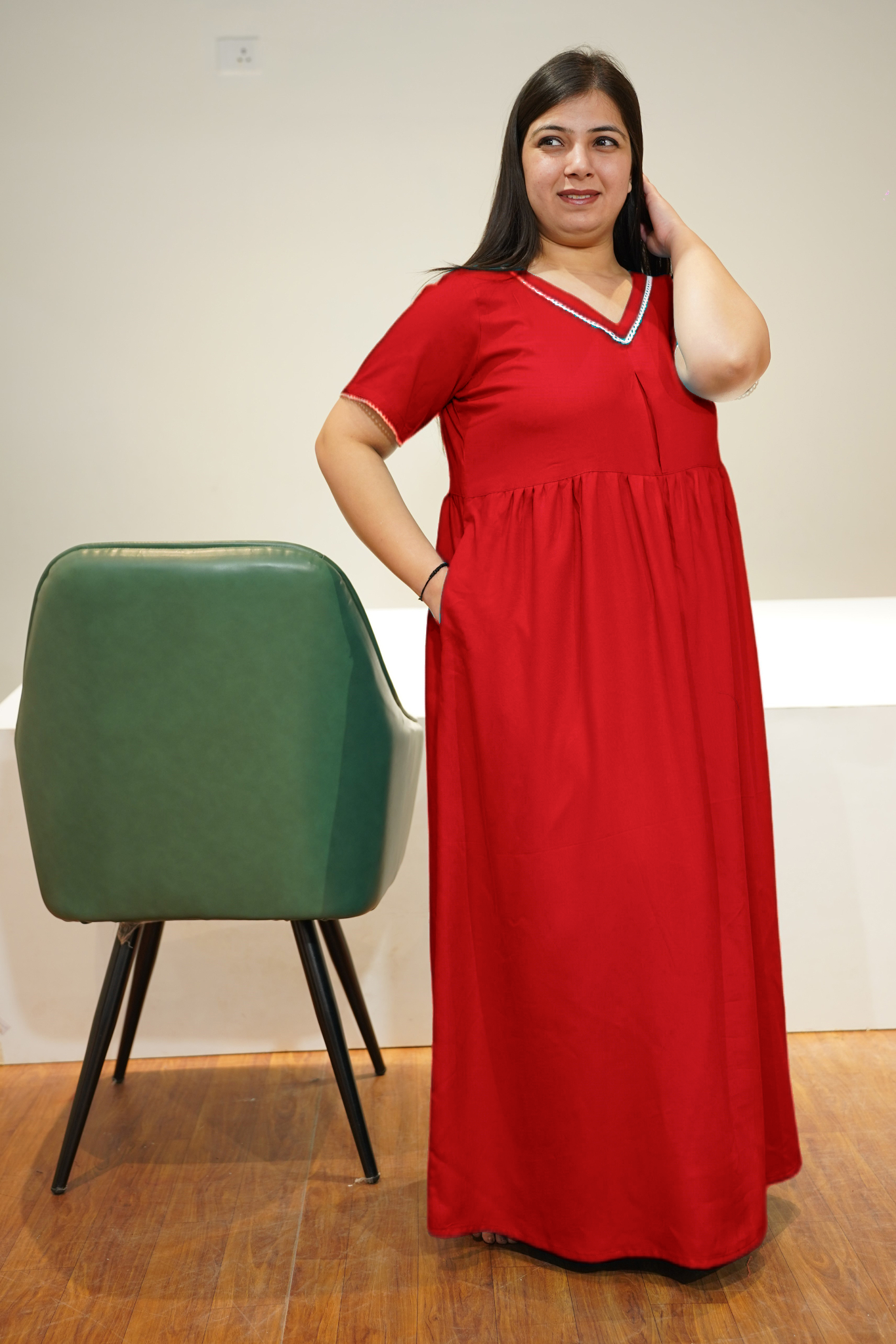 Solid Red Rayon Night Gown