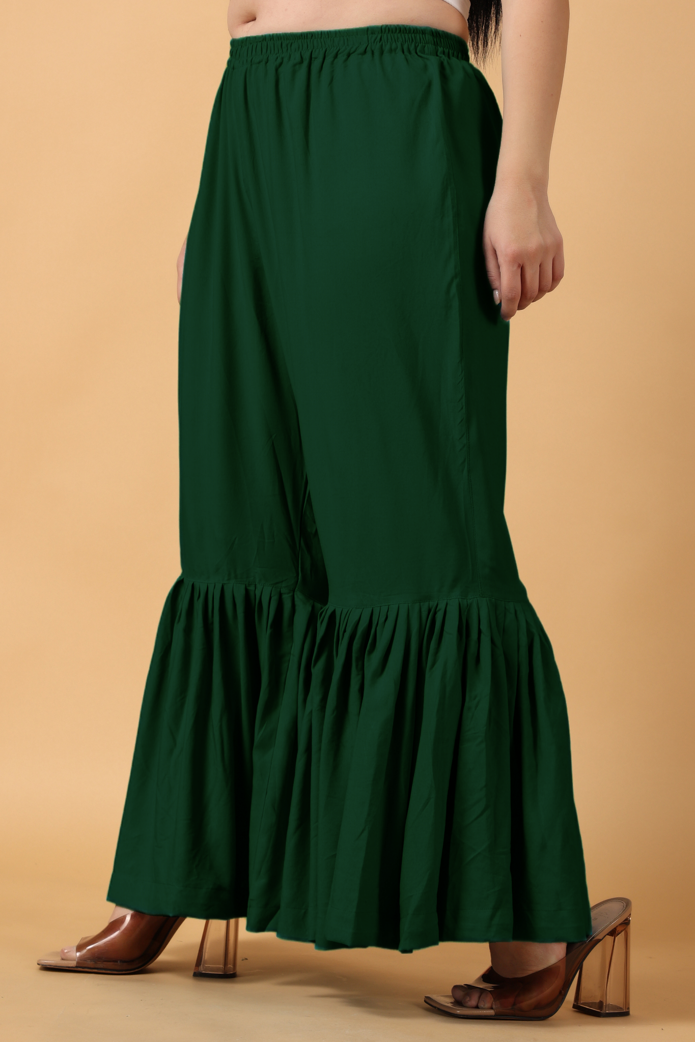 Bottle Green Ruffled Rayon Palazzo