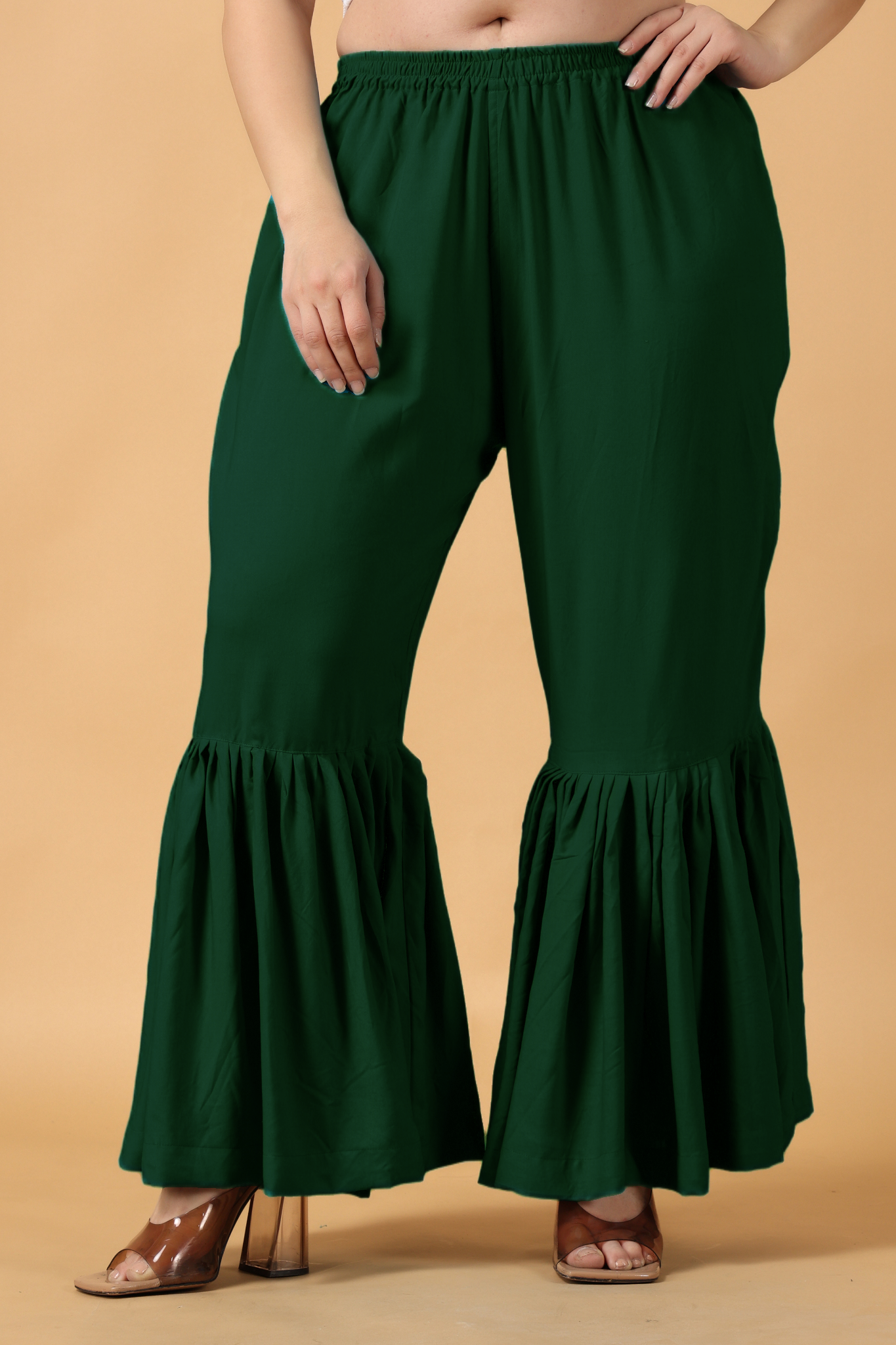 Bottle Green Ruffled Rayon Palazzo